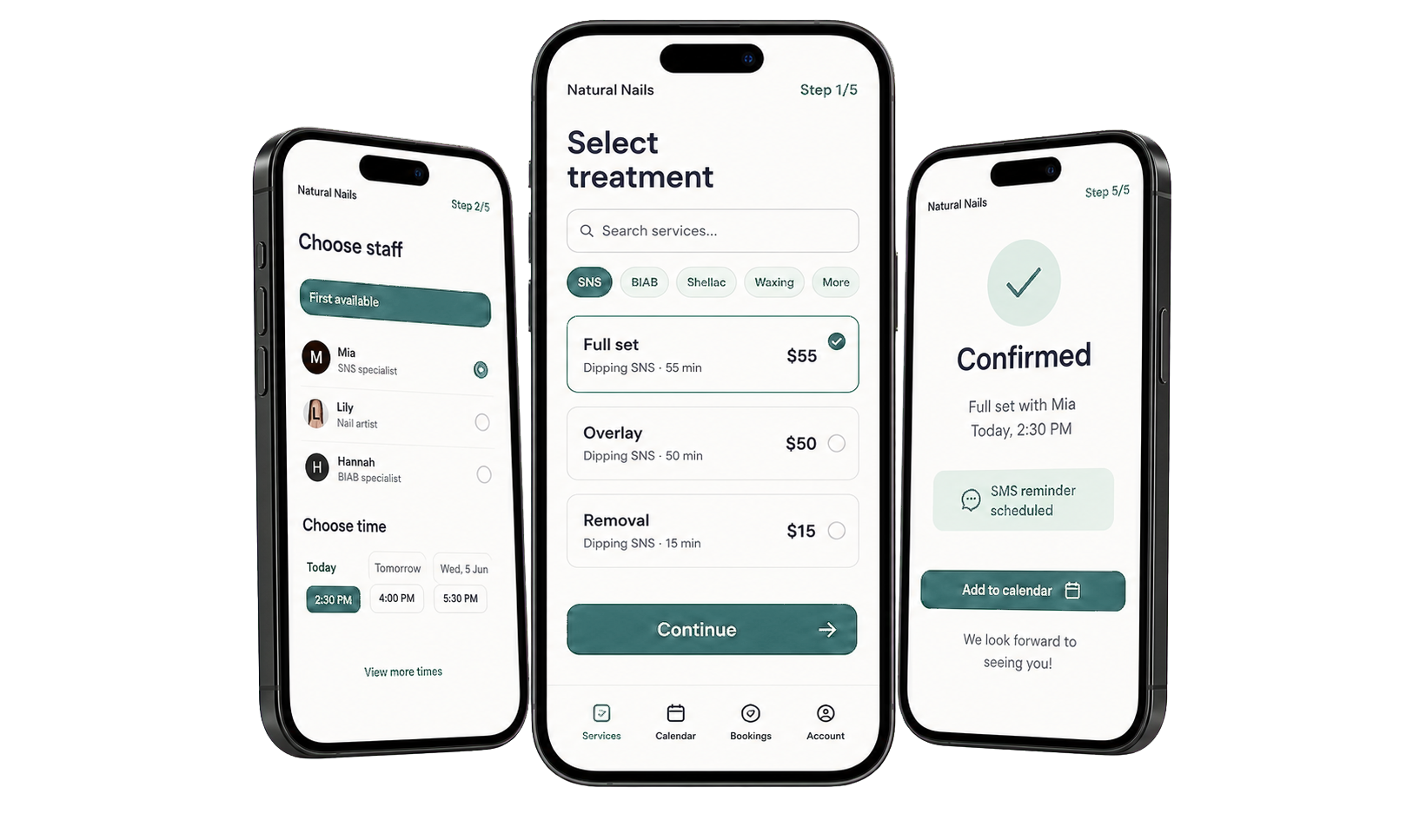 Three realistic smartphone screens showing BeautiDesk salon booking, staff selection and confirmation